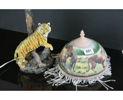 Tiger themed Table Lamp together with a Glass Shade decorated with tigers