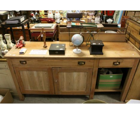 Large Pine Kitchen Dresser Base comprising Long Drawer and a Short Drawer above Cupboard and a Slatted Pot Shelf, h.99cms w.1