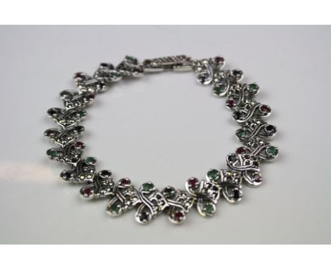 Silver linked Bracelet with ruby, emerald and sapphire cabochons