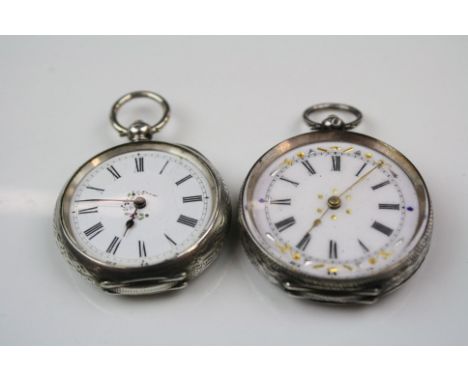 Two silver ladies pocket watches with Roman numerals and foliate engraved