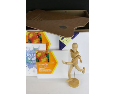 Box of Artists Materials including Oils, Paint Pallet, Mannequin, Canvases, etc 
