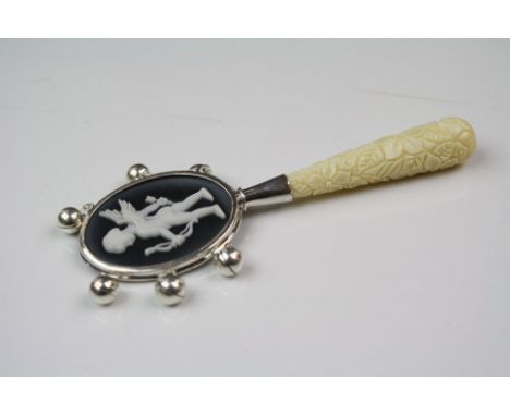 Silver Baby's Rattle with bone handle and Wedgwood style plaque