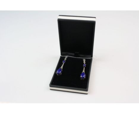 Pair of Silver Marcasite and Lapis Lazuli Art Deco style Drop Earrings