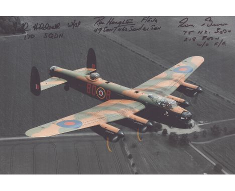 WW2 Bomber Command Ron Brown 75 sqn, Ron Houghton 49 sqn, Jeff Hildreth 170 sqn signed 12 x 8 Lancaster in flight photo. Good