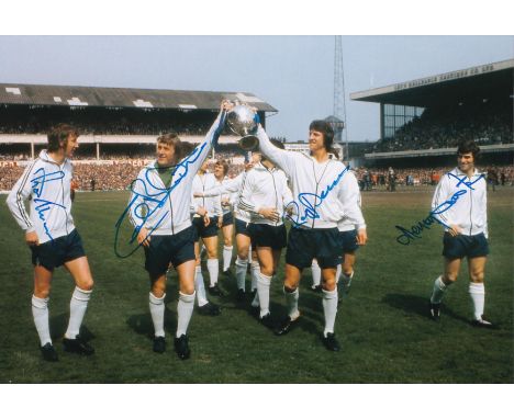 Autographed DERBY COUNTY 12 x 8 photo : Col, depicting Derby County's COLIN BOULTON and ROGER DAVIES holding aloft the First 