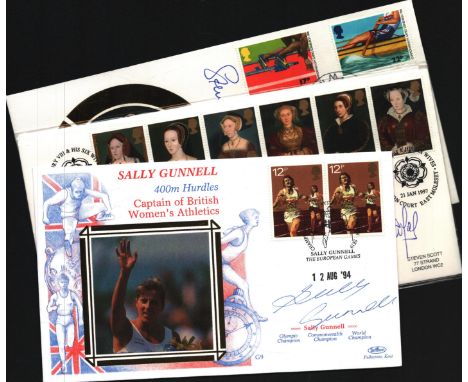Sport signed FDC collection. Sir Henry Cooper signed Tudors FDC, Sally Gunnell, Steve Cramm Benham BLCS14 1986 sport FDC. RRP