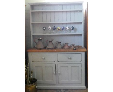 A duck egg blue painted pine kitchen dresser with shelf back, drawers and cupboards under, 4'6 wide   Approximate height 82” 