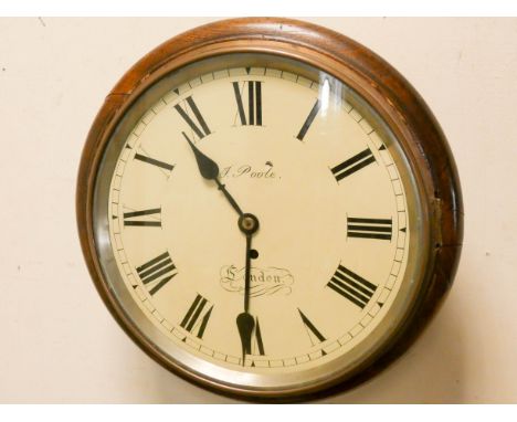 A circular school type clock with fusee movement by J Poole London, dial is 11" diameter 