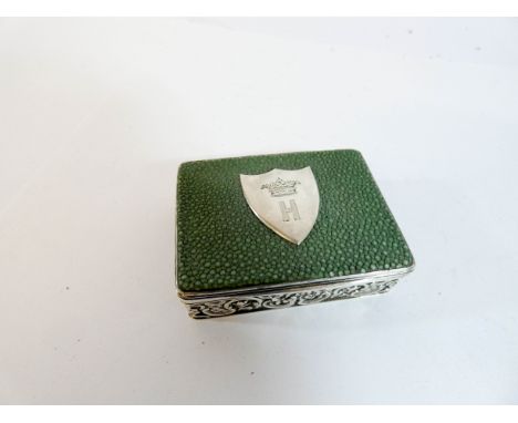 A silver an shagreen mounted rectangular snuff box with interior inscription 'Charles Edmund Rumbold Esq MP 7th of August 183