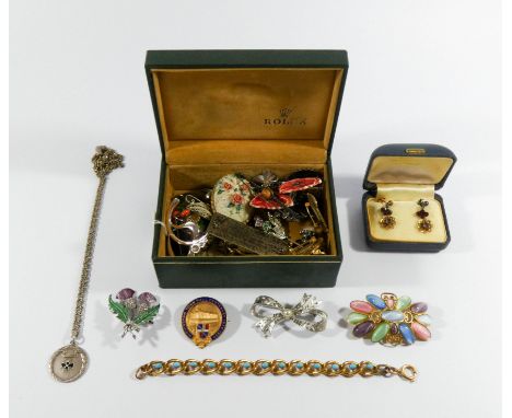 Rolex watch box containing Victorian turquoise link bracelet, banded agate brooch, vintage earrings and items of costume jewe