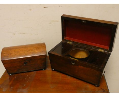 A Regency rosewood sarcophagus shaped tea caddy and a small mahogany tea caddy 