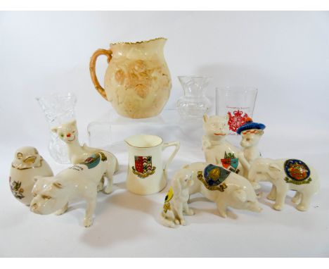 Arcadian crested china, glassware and a Locke Worcester jug