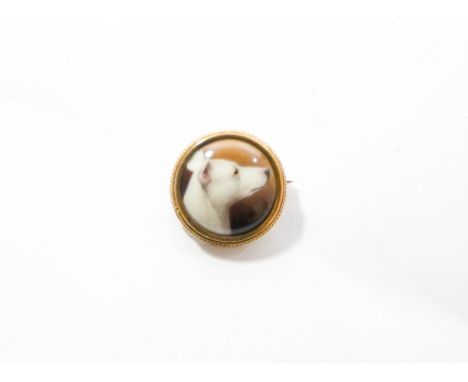 A Victorian enamelled miniature dog portrait brooch, signed and dated on the back W. B. Ford 1886