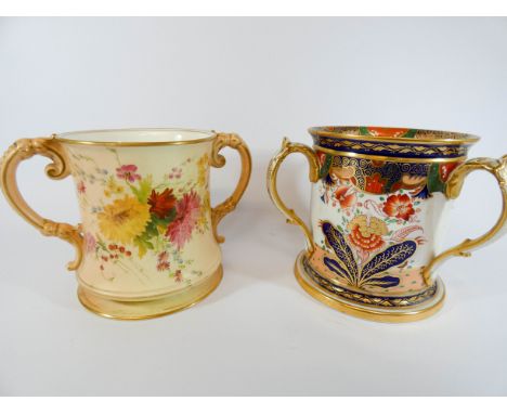 A Royal Worcester blush ivory twin handled tankard and a Copeland and Spode three handled Tyg in Japan colours with guiding, 