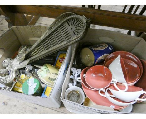 Poole Pottery dinner ware, brass fire screen, tins and other sundries 