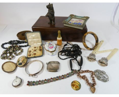 A hardwood box to contain carved treen bear, gilt metal gate bracelet cloisonne and other beads, enamel patch box etc 