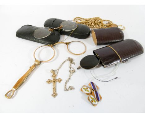 Vintage Lorgnette, old spectacles, two pairs of gentleman's enamelled cufflinks, gilt metal neck chains etc