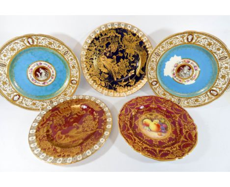 Five cabinet plates to include a pair by Minton, a pair by Royal Crown Derby and a Royal Worcester painted with fruit Skerrit