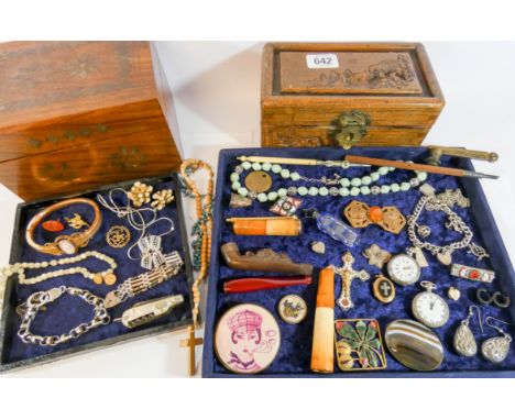 Two trays of jewellery and collectibles to include fob watches, cameos set bangle, gate bracelet, cigarette holders etc, all 