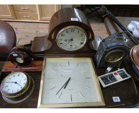 Westminster chiming mantel clock, ships clock, three others and a fishing reel clock 