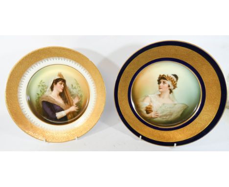 Two Rosenthal cabinet portrait plates depicting classical maidens with gilt borders, 6cm across, printed marks 