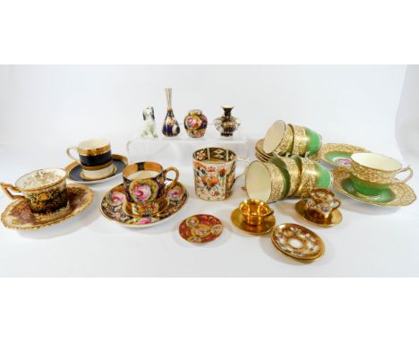 A collection of coffee cans and saucers to include George Jones, Queensbury bone china, Crown Staffordshire miniatures etc 