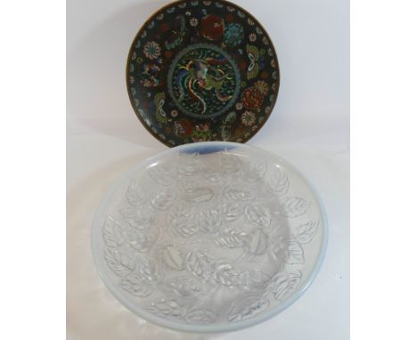 An Art Deco French vaseline glass bowl signed Barolac and an oriental cloisonne plate, the glass dish has a dimeter of 28cm 