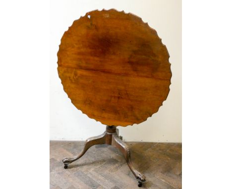 19th century mahogany tripod table, with shaped snap top on a pillar and triform base