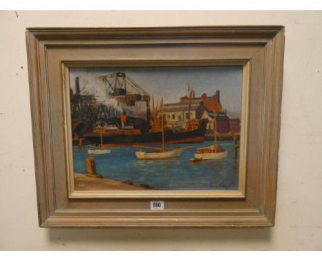 Harry Arthur Riley, British, 1895-1966, oil on canvas of Poole, Dorset, depicting quay side scene, signed and dated lower rig