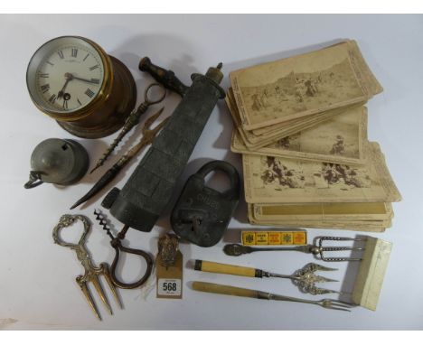 19 stereoscopic views of the Boer War together with a ships clock, cork screw, pickle forks etc 