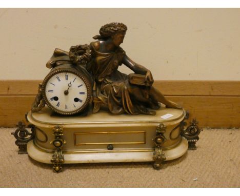 A French striking mantel clock with lady figure mount on a white alabaster base 