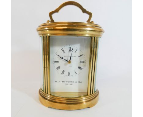 Large good quality oval carriage clock by Matthew Norman, with inscription to Byworth &amp; Company, dated 1981, height with 