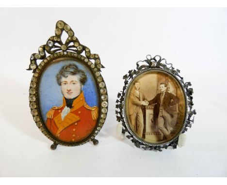 A 19th Century past set photograph frame encasing a portrait miniature of The Duke of Wellington and a continental white meta