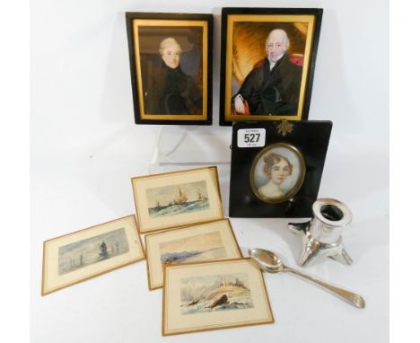 Three portrait miniatures to include one of an eighteen century lady on ivory signed Anne Marks,miniature seascapes and two p