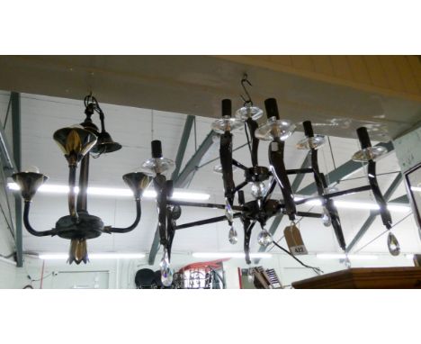 A hexagonal black and luster glass hanging electric light fitting together with a pair of matching two branch wall lights 