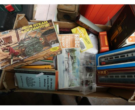 A large box of mostly plastic railway carriages, railway books, other model kits etc 