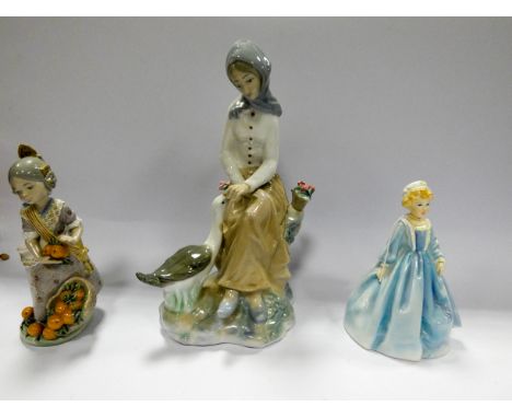 A Lladro figure, a Worcester figure of a girl and a girl with goose ornament 