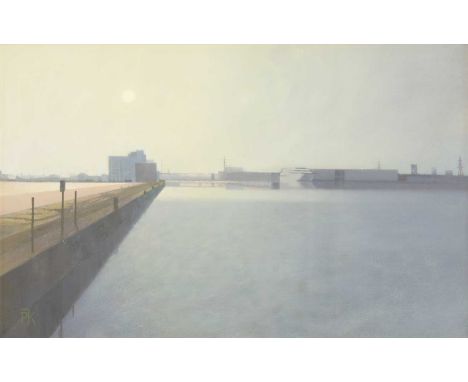 *PETER KELLY (b.1931)'Fading Light, Royal Albert Dock - London'signed with initials l.l., titled on a gallery label attached 