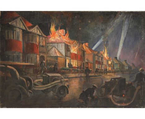 DONALD W VANDY (20th century)'Oil Bombs in Ewell'signed l.r., oil on canvas50.5 x 76cmThere were several 'Firemen Artists’ ex