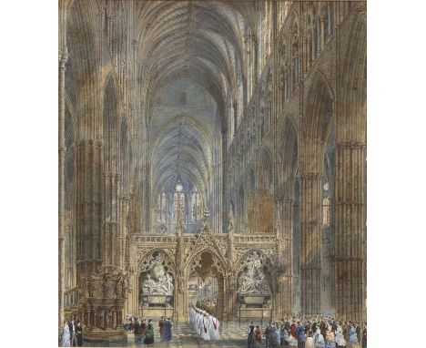 ATTRIBUTED TO FREDERICK NASH RWS (1782-1856)'A Procession in Westminster Abbey, Looking East From Behind the Choir Screen'wat