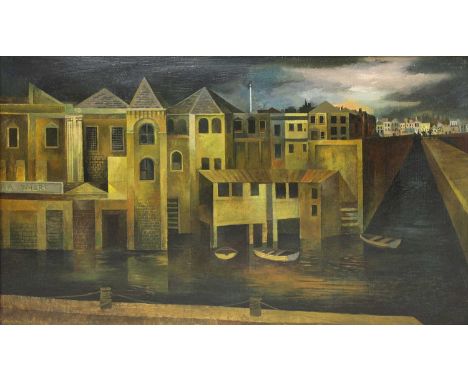 *FRANK BATESON MASON (1910-1977)Limehouse Wharfsigned l.l., inscribed and signed verso, oil on board42 x 71cm*Artist's Resale