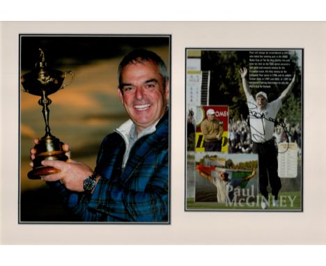 Golf Paul McGinley 19x13 overall mounted signature piece includes a signed colour photo and another unsigned holding the Ryde