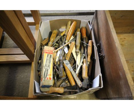 A box of various hand tools; screwdrivers; scrapers; impact driver etc