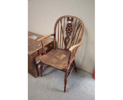 An elm seated stick and wheelback chair, back AF