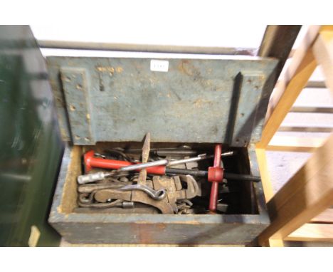 A wooden tool chest and contents of tools to include Stilsons spanners; shears etc