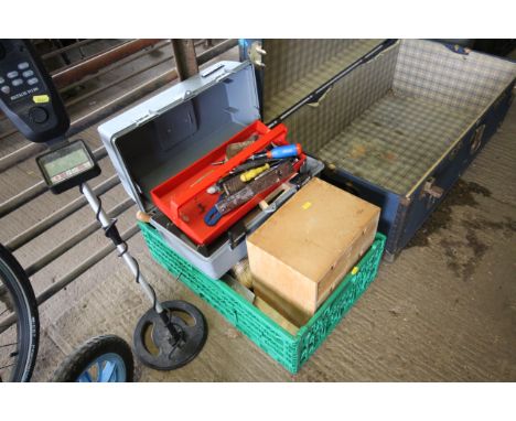 A plastic tool box and contents of various hand tools, a wooden six drawer cabinet with contents of various fixings, screws, 