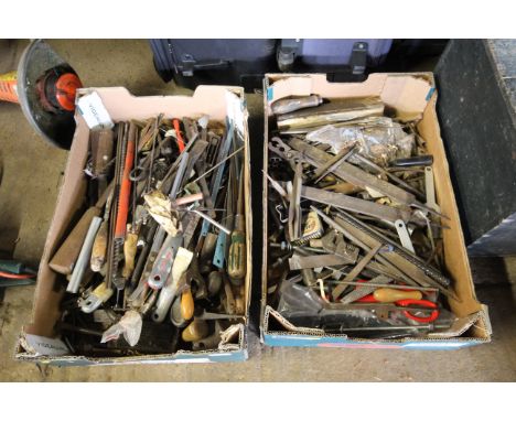 Two tray boxes of various hand tools including hacksaw blades, files etc.