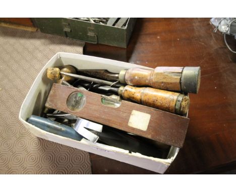 A quantity of vintage tools to include spirit level, hand hammer etc.