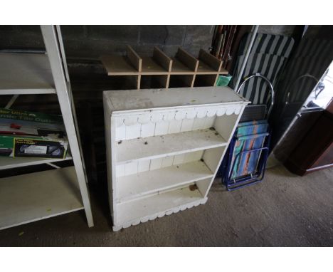 A white painted three tier shelf unit, a wooden display stand
