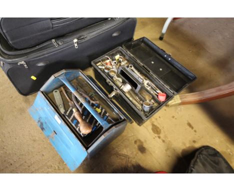 A metal toolbox and contents of hand tools together with a plastic toolbox with contents of further hand tools etc.